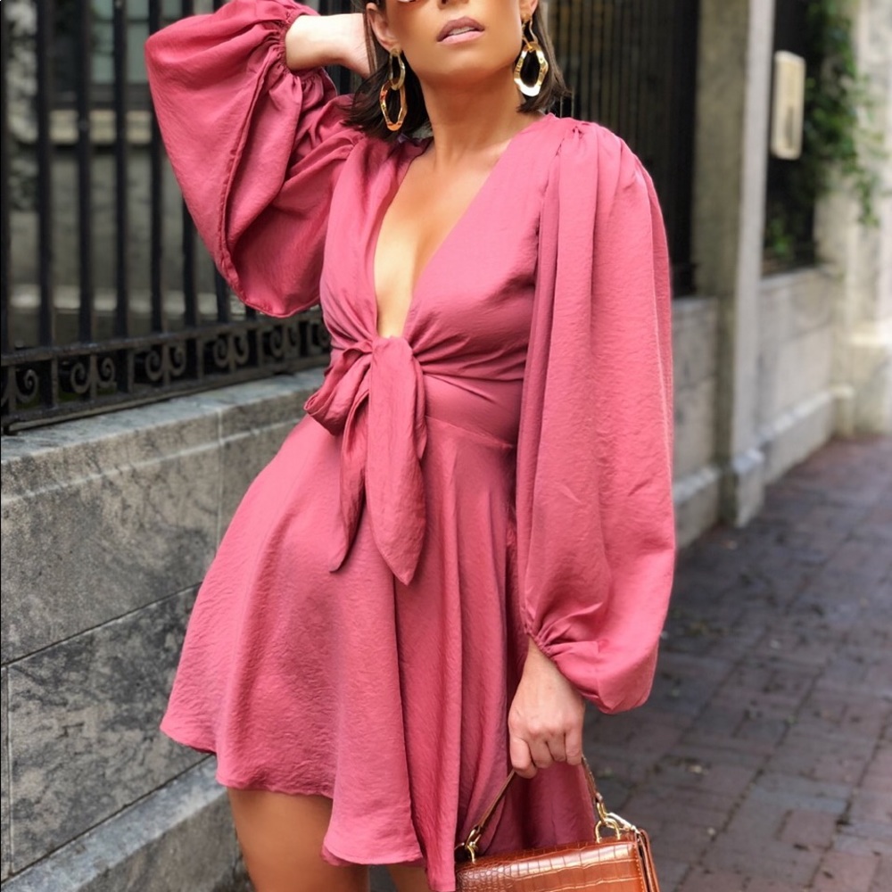 Wore once! Rose Pink Satin Puff Sleeve Dress - Picture 8 of 9